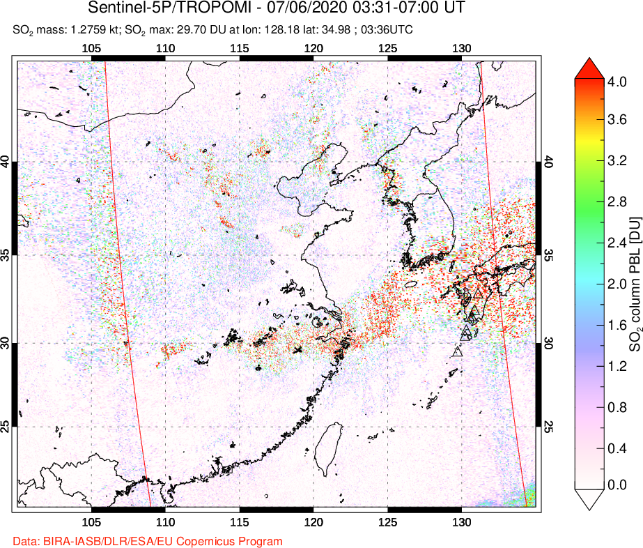A sulfur dioxide image over Eastern China on Jul 06, 2020.
