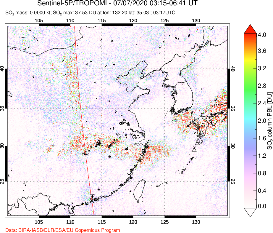 A sulfur dioxide image over Eastern China on Jul 07, 2020.