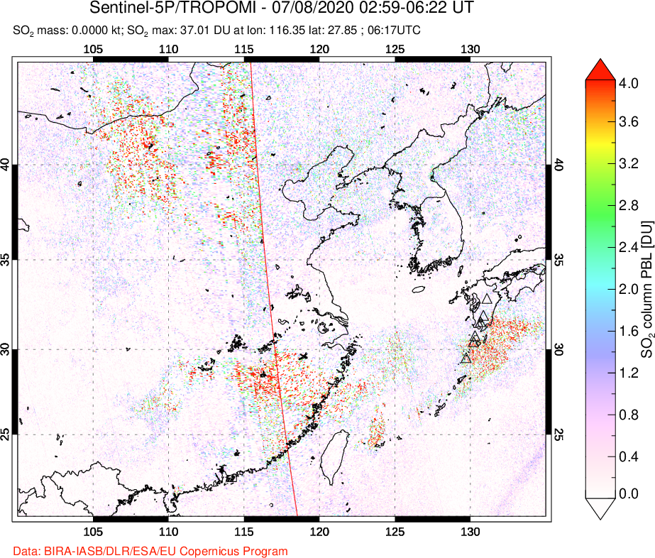 A sulfur dioxide image over Eastern China on Jul 08, 2020.