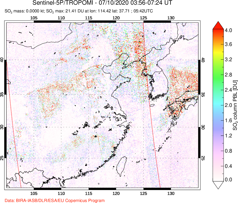 A sulfur dioxide image over Eastern China on Jul 10, 2020.