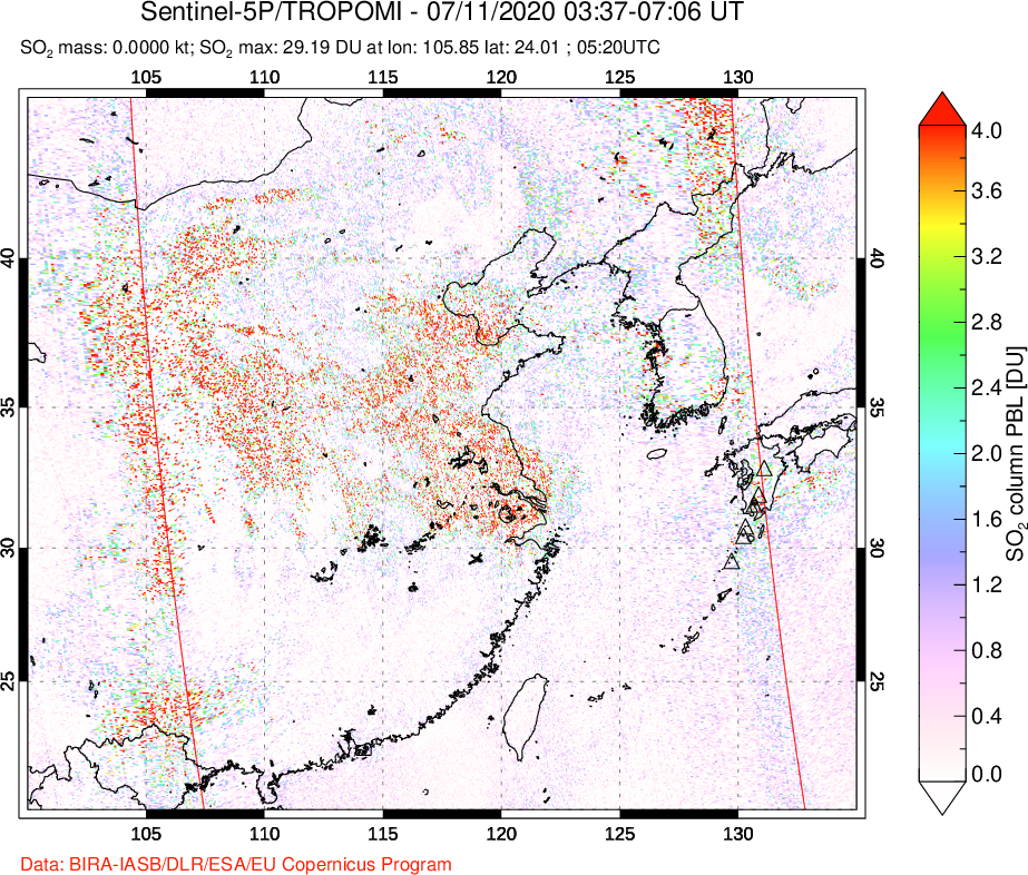 A sulfur dioxide image over Eastern China on Jul 11, 2020.