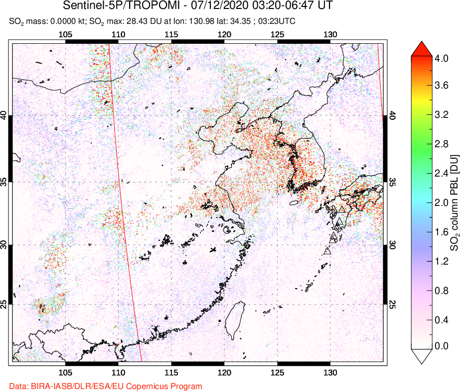 A sulfur dioxide image over Eastern China on Jul 12, 2020.