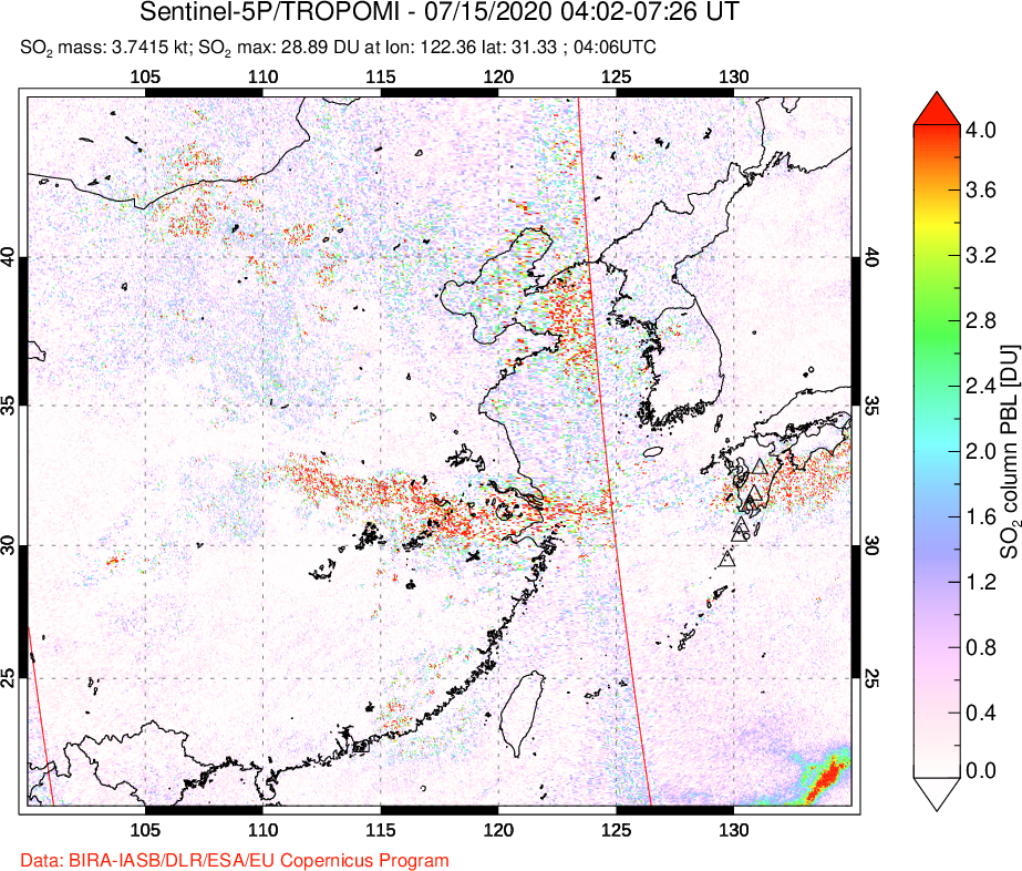 A sulfur dioxide image over Eastern China on Jul 15, 2020.