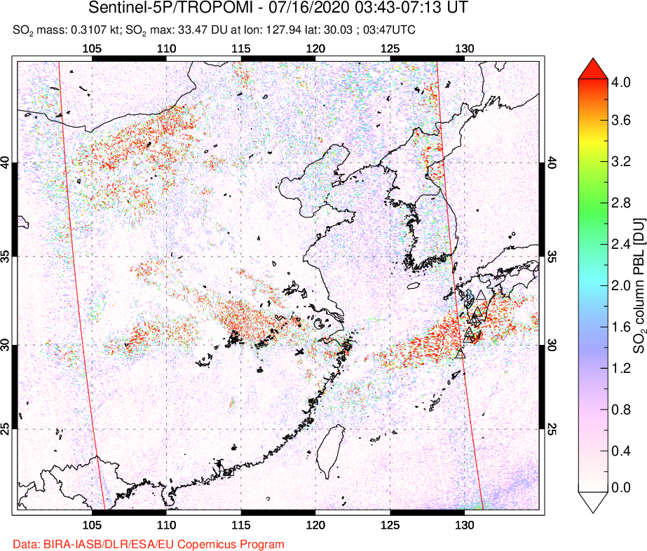 A sulfur dioxide image over Eastern China on Jul 16, 2020.