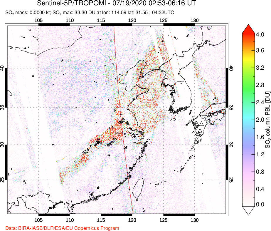 A sulfur dioxide image over Eastern China on Jul 19, 2020.