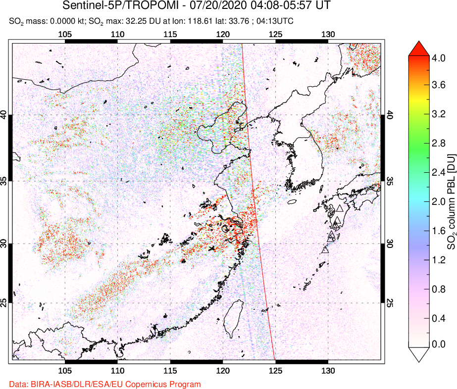 A sulfur dioxide image over Eastern China on Jul 20, 2020.