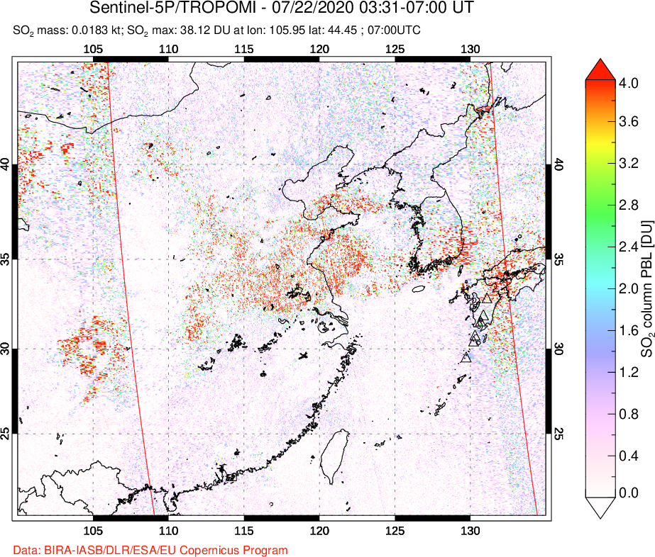 A sulfur dioxide image over Eastern China on Jul 22, 2020.