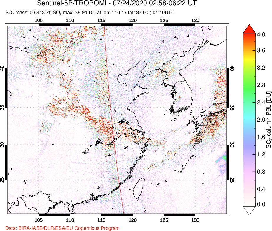A sulfur dioxide image over Eastern China on Jul 24, 2020.