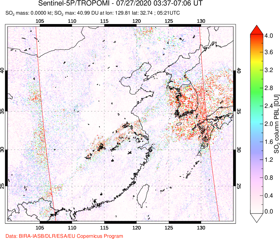 A sulfur dioxide image over Eastern China on Jul 27, 2020.