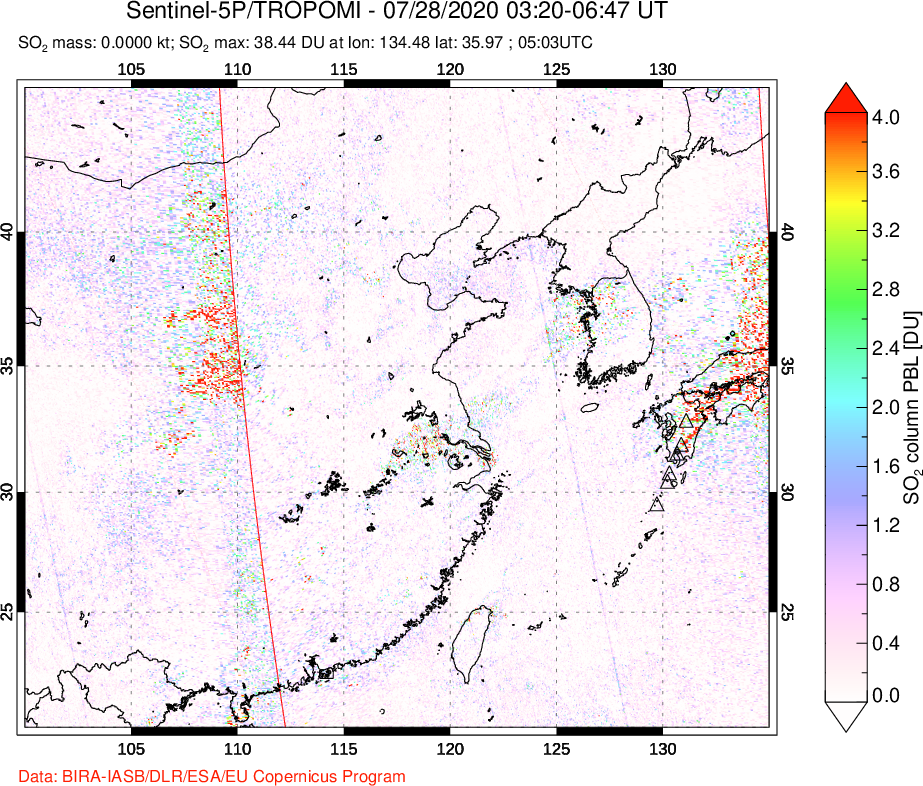 A sulfur dioxide image over Eastern China on Jul 28, 2020.