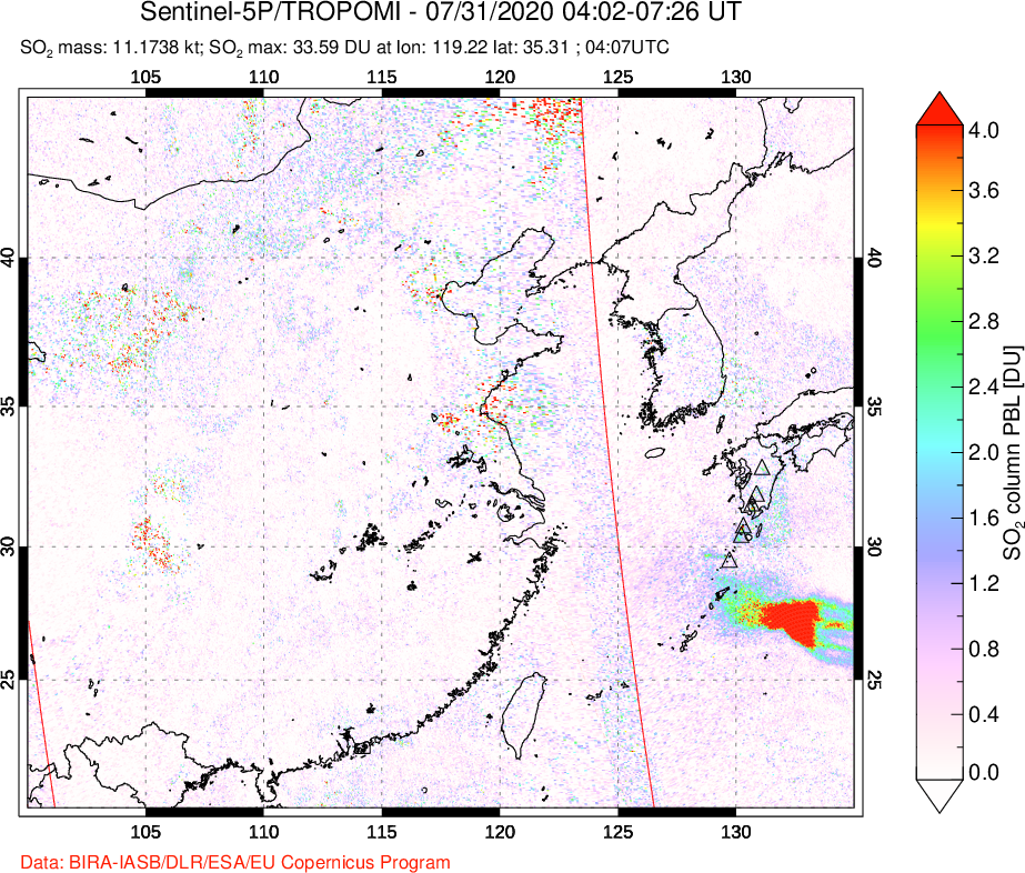 A sulfur dioxide image over Eastern China on Jul 31, 2020.