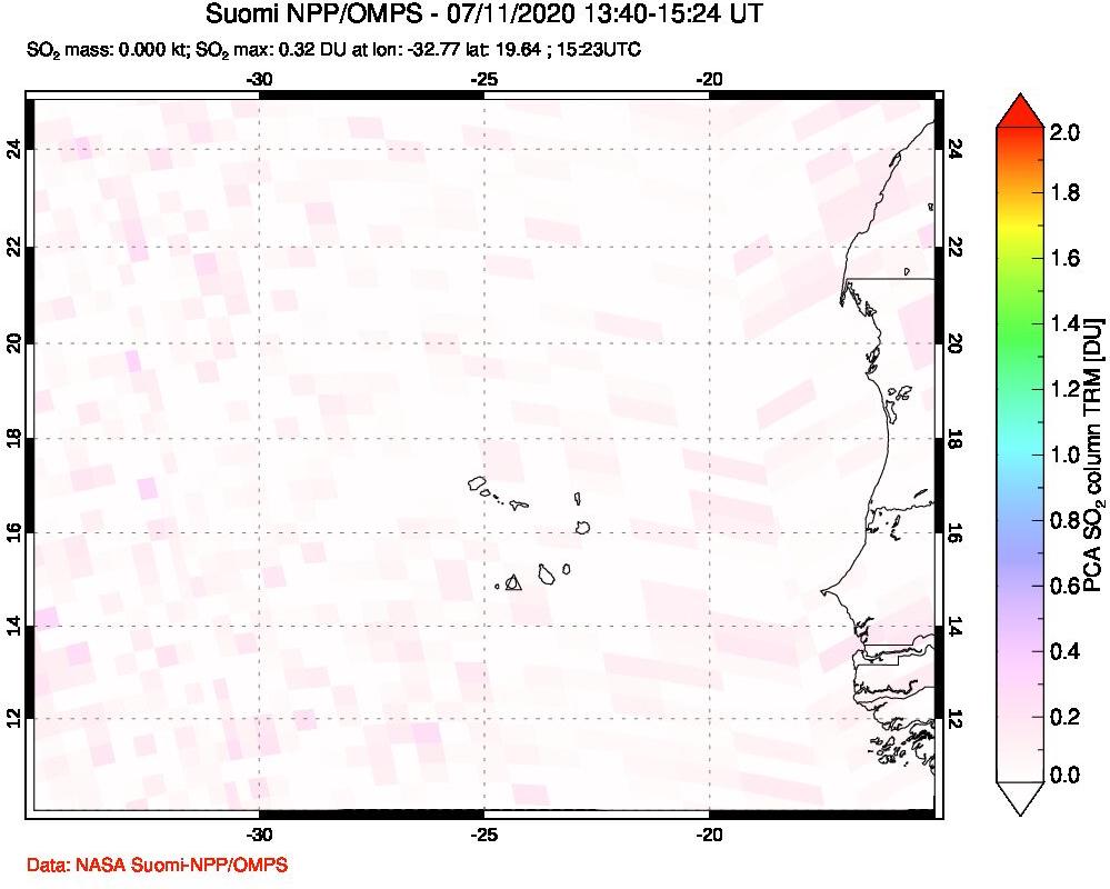 A sulfur dioxide image over Cape Verde Islands on Jul 11, 2020.
