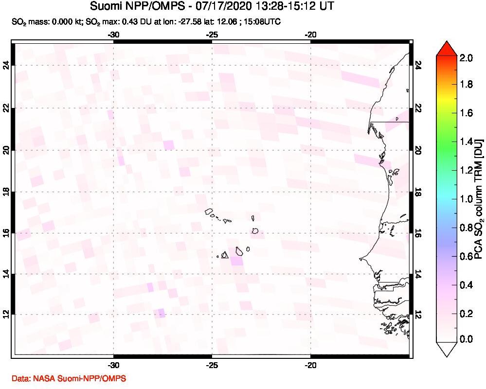 A sulfur dioxide image over Cape Verde Islands on Jul 17, 2020.