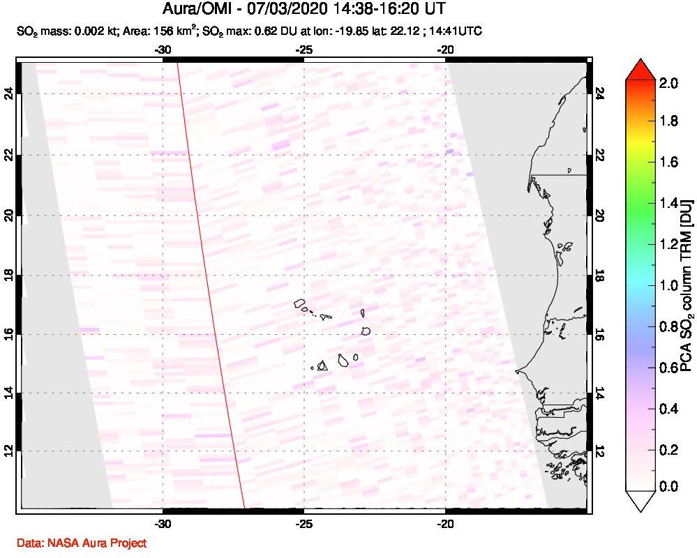 A sulfur dioxide image over Cape Verde Islands on Jul 03, 2020.