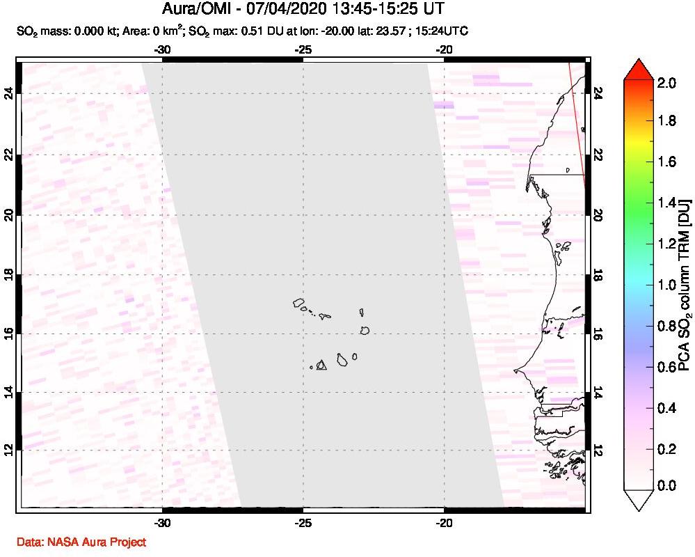 A sulfur dioxide image over Cape Verde Islands on Jul 04, 2020.