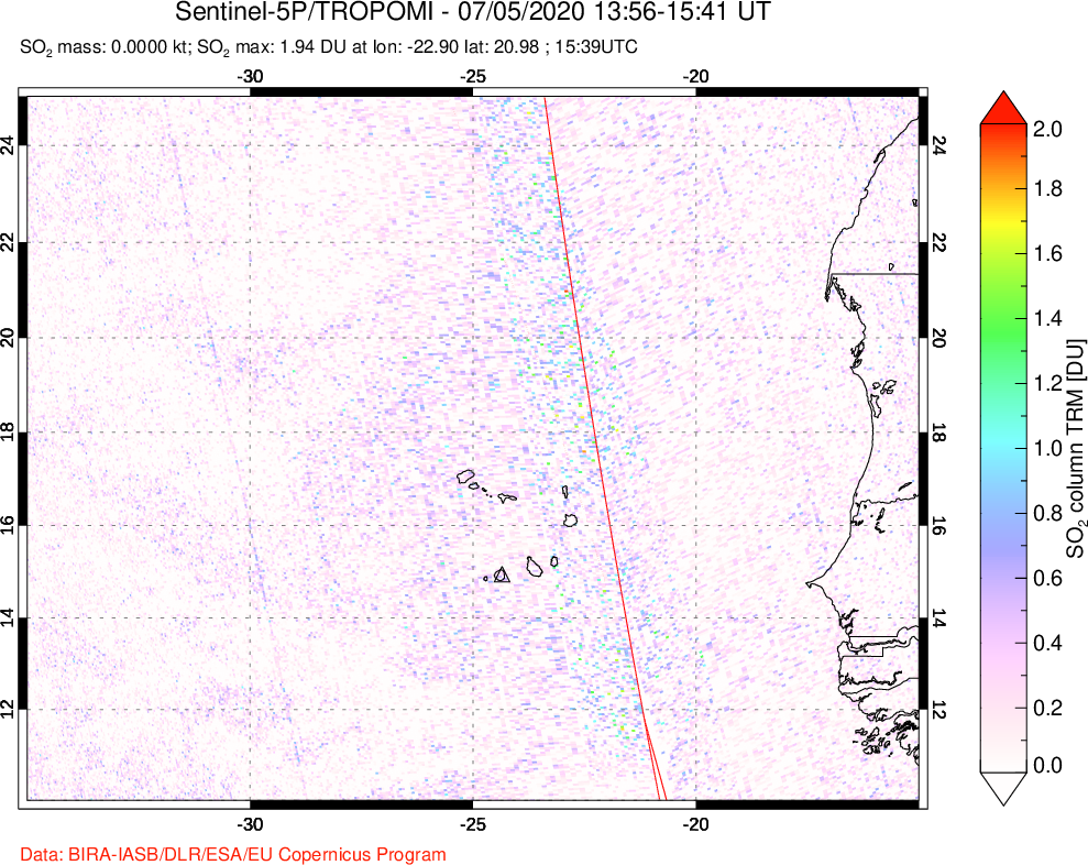 A sulfur dioxide image over Cape Verde Islands on Jul 05, 2020.