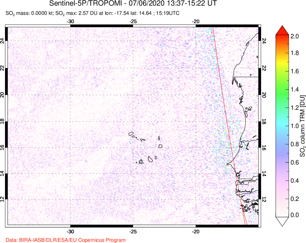 A sulfur dioxide image over Cape Verde Islands on Jul 06, 2020.