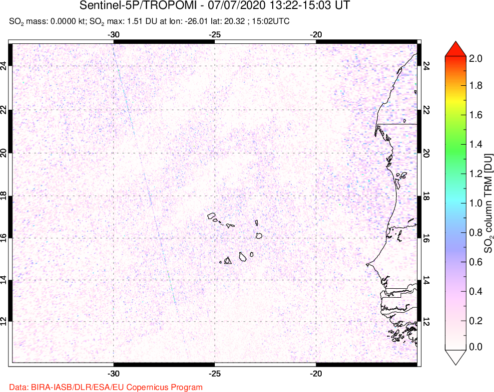 A sulfur dioxide image over Cape Verde Islands on Jul 07, 2020.