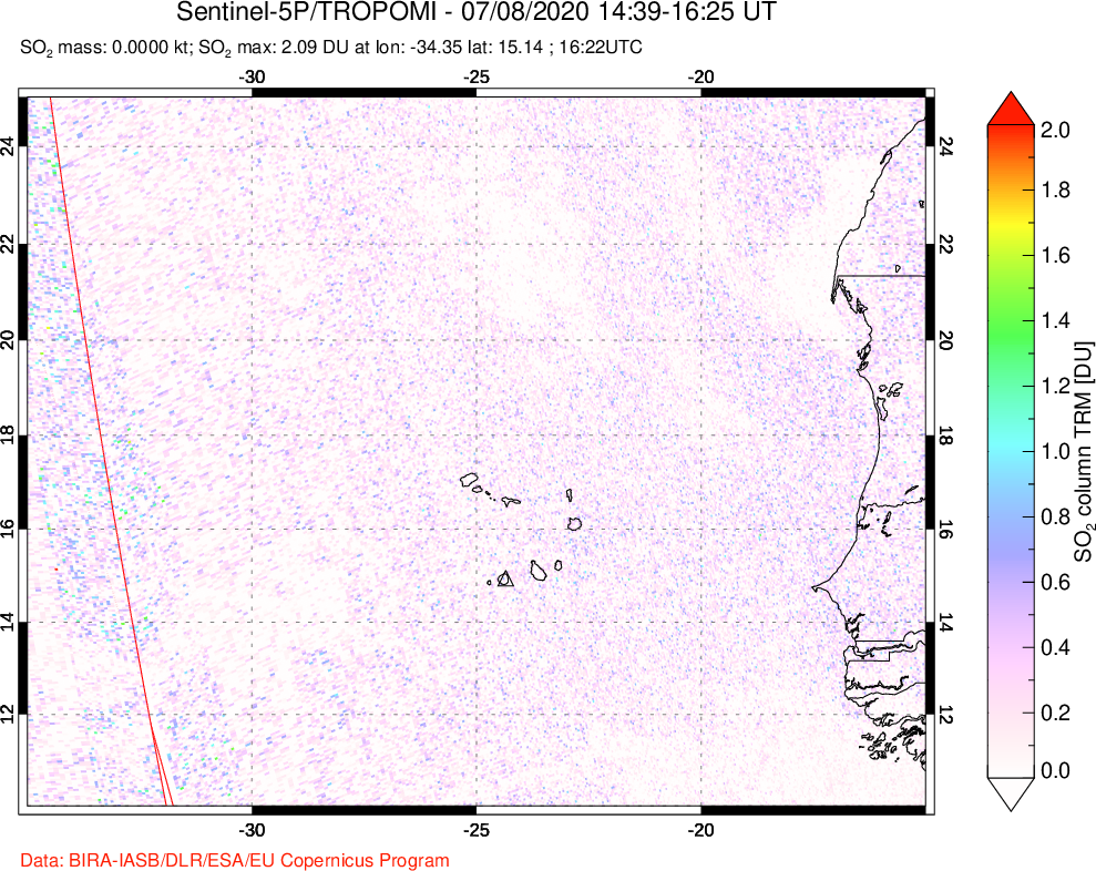 A sulfur dioxide image over Cape Verde Islands on Jul 08, 2020.
