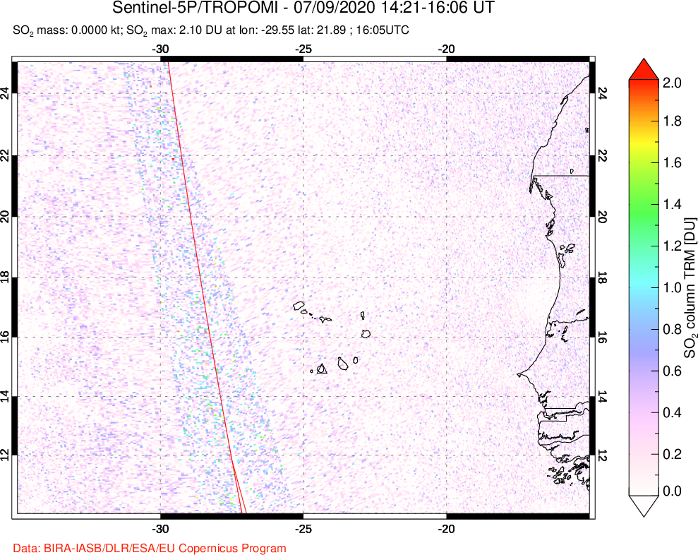 A sulfur dioxide image over Cape Verde Islands on Jul 09, 2020.