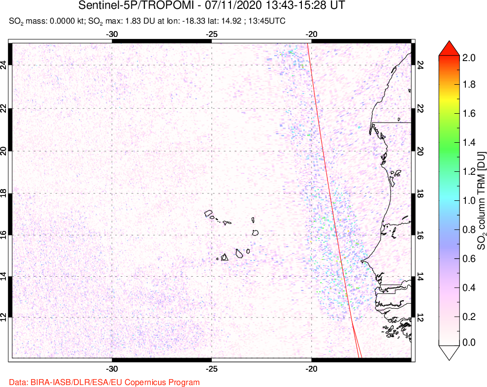 A sulfur dioxide image over Cape Verde Islands on Jul 11, 2020.
