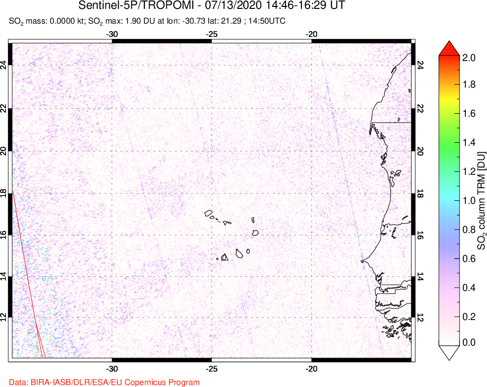 A sulfur dioxide image over Cape Verde Islands on Jul 13, 2020.