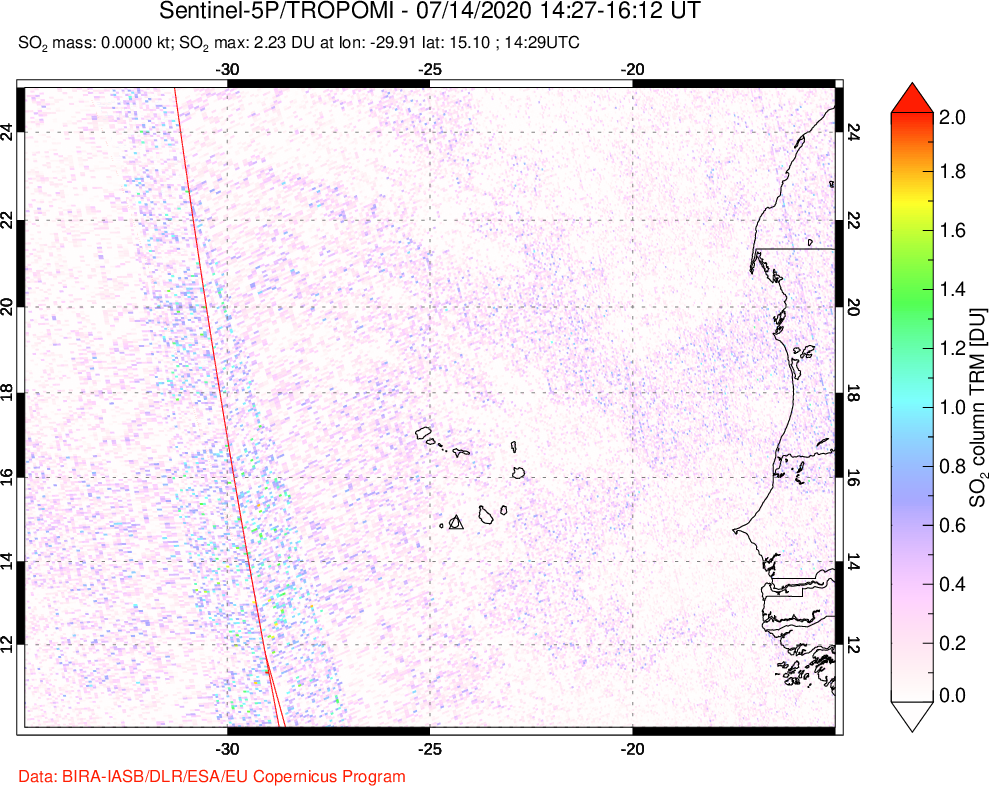 A sulfur dioxide image over Cape Verde Islands on Jul 14, 2020.