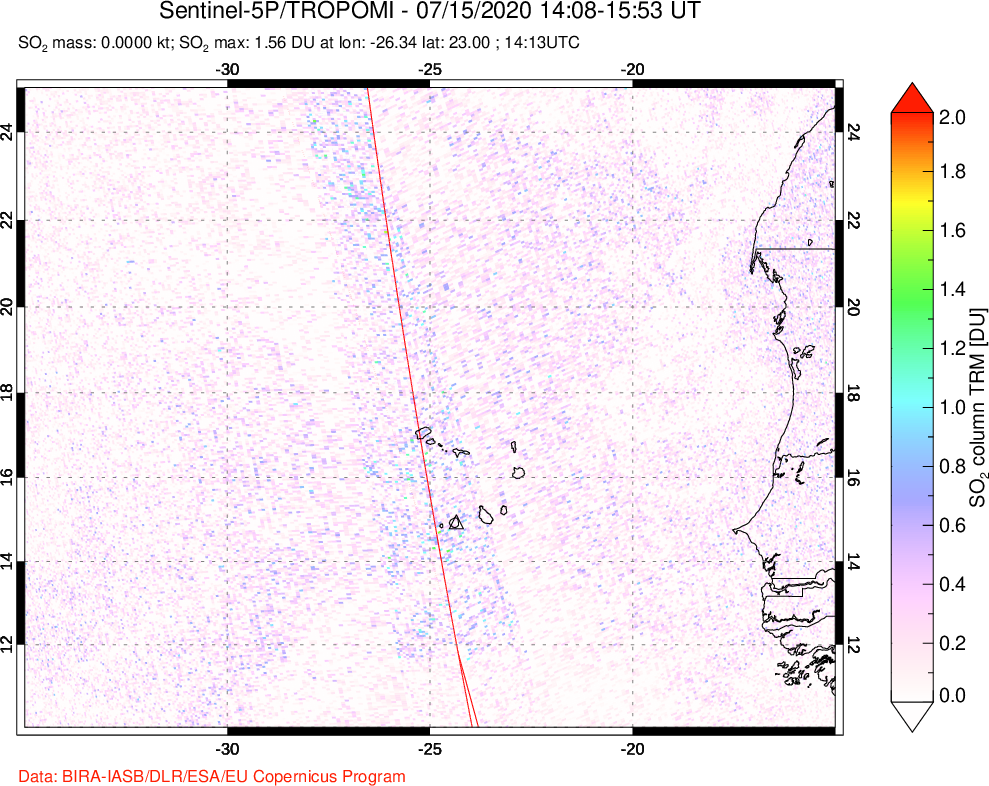 A sulfur dioxide image over Cape Verde Islands on Jul 15, 2020.