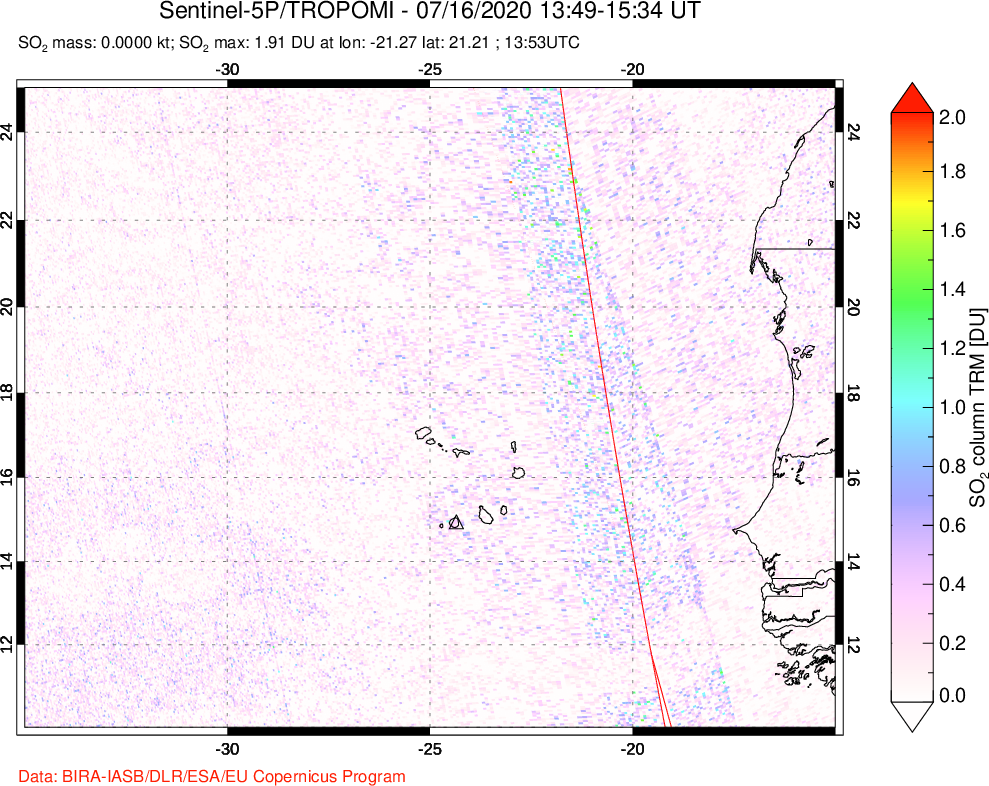 A sulfur dioxide image over Cape Verde Islands on Jul 16, 2020.