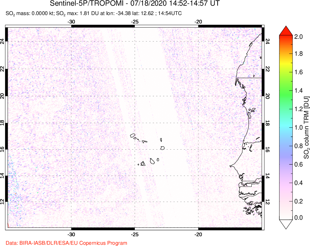 A sulfur dioxide image over Cape Verde Islands on Jul 18, 2020.