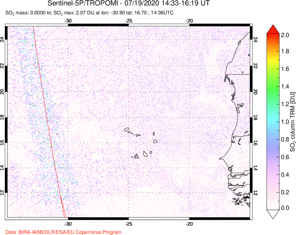 A sulfur dioxide image over Cape Verde Islands on Jul 19, 2020.