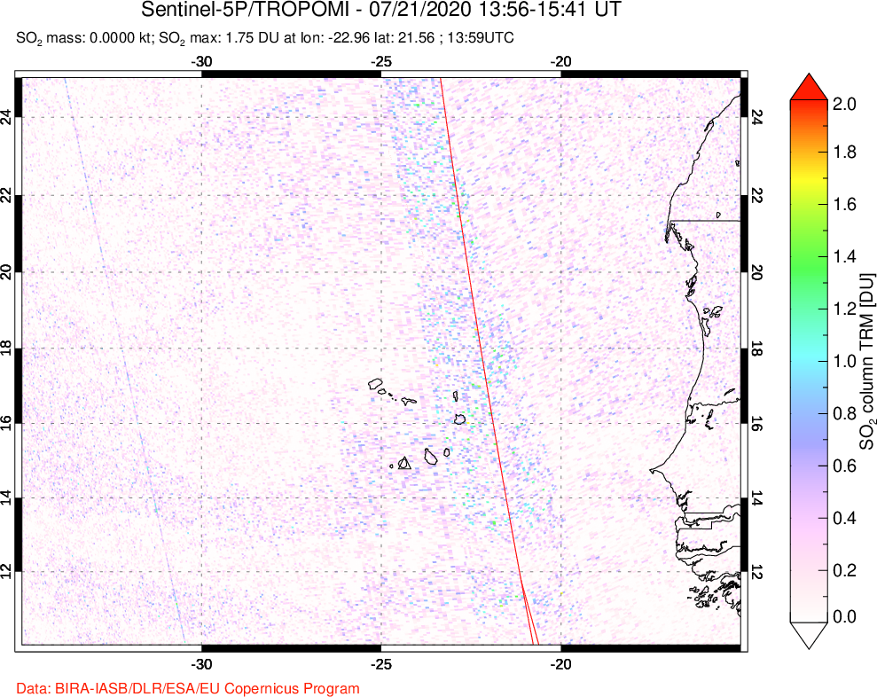 A sulfur dioxide image over Cape Verde Islands on Jul 21, 2020.