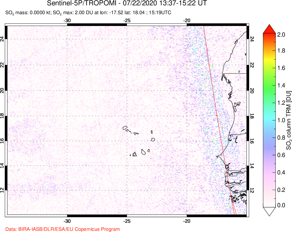 A sulfur dioxide image over Cape Verde Islands on Jul 22, 2020.