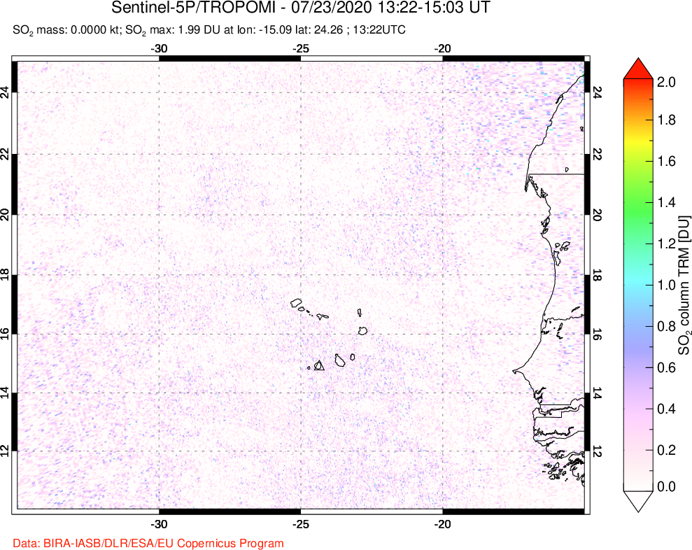 A sulfur dioxide image over Cape Verde Islands on Jul 23, 2020.