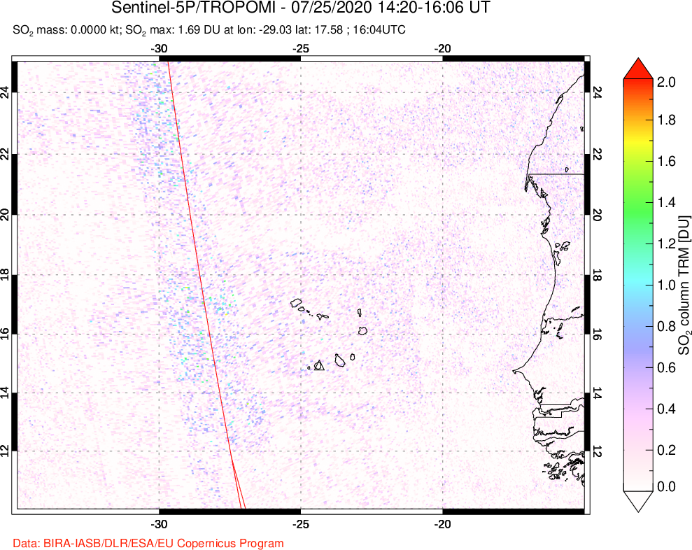 A sulfur dioxide image over Cape Verde Islands on Jul 25, 2020.
