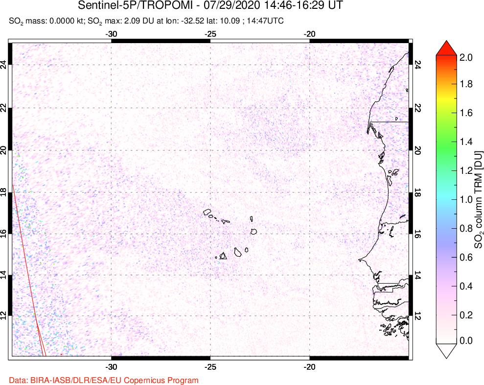 A sulfur dioxide image over Cape Verde Islands on Jul 29, 2020.