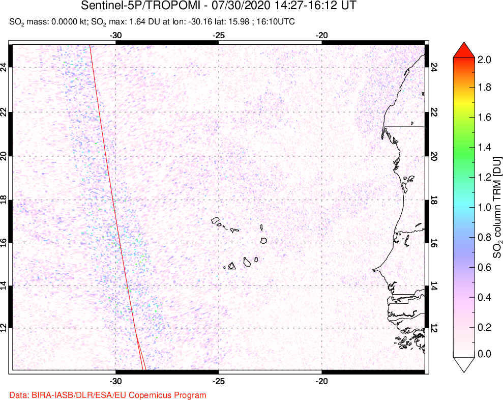 A sulfur dioxide image over Cape Verde Islands on Jul 30, 2020.