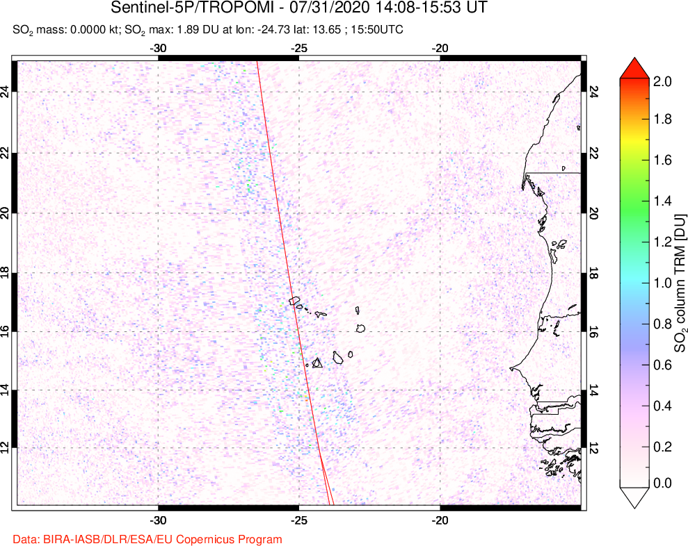 A sulfur dioxide image over Cape Verde Islands on Jul 31, 2020.