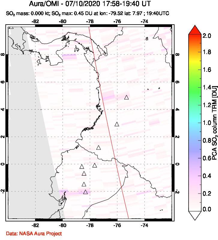 A sulfur dioxide image over Ecuador on Jul 10, 2020.