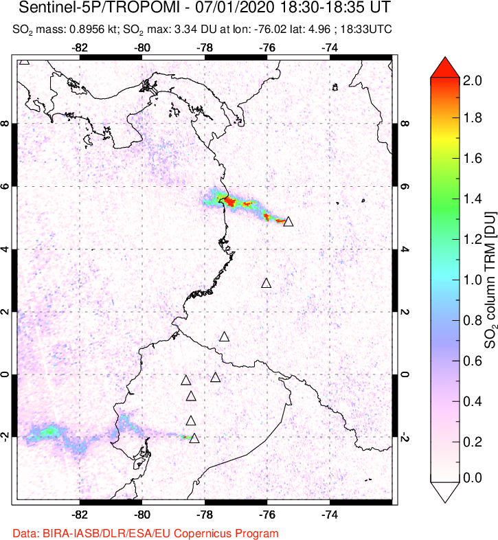 A sulfur dioxide image over Ecuador on Jul 01, 2020.
