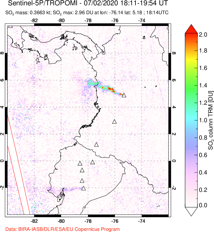 A sulfur dioxide image over Ecuador on Jul 02, 2020.