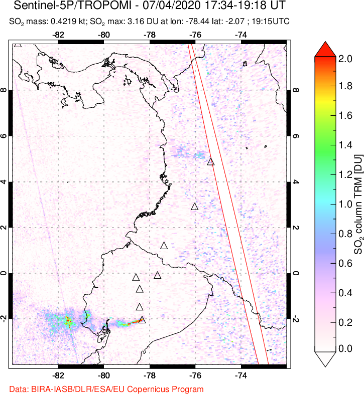 A sulfur dioxide image over Ecuador on Jul 04, 2020.