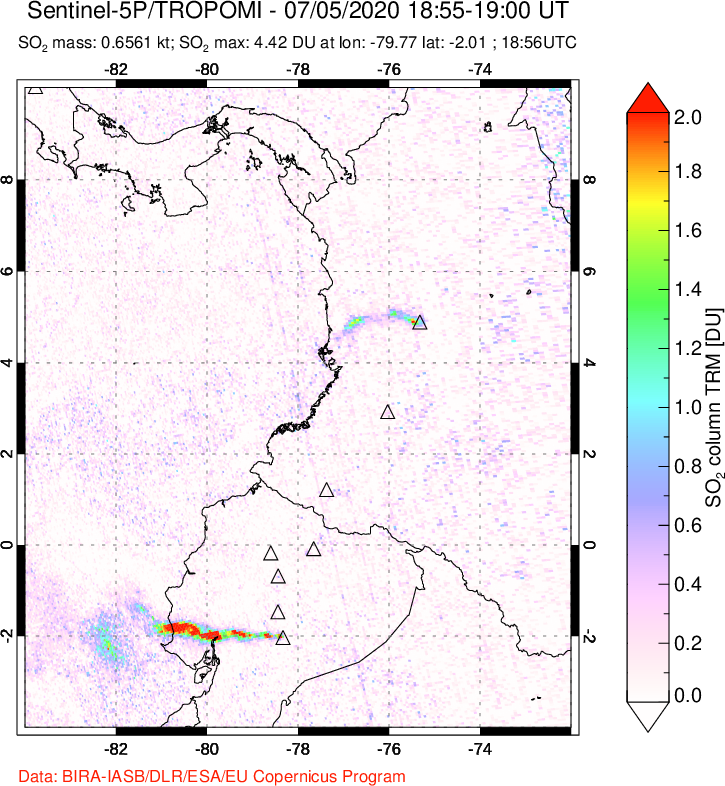 A sulfur dioxide image over Ecuador on Jul 05, 2020.