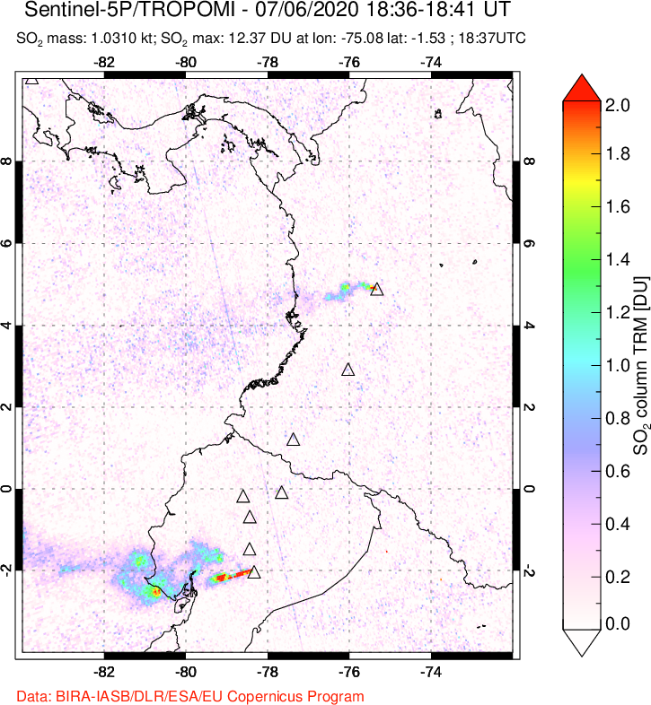A sulfur dioxide image over Ecuador on Jul 06, 2020.