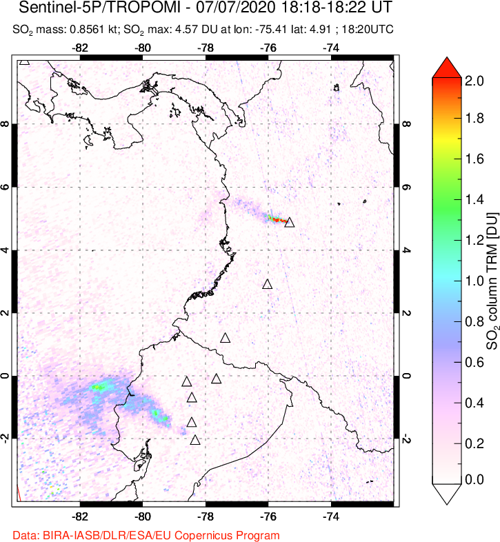 A sulfur dioxide image over Ecuador on Jul 07, 2020.