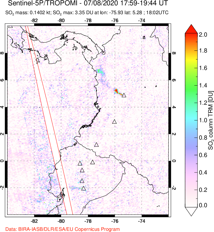 A sulfur dioxide image over Ecuador on Jul 08, 2020.