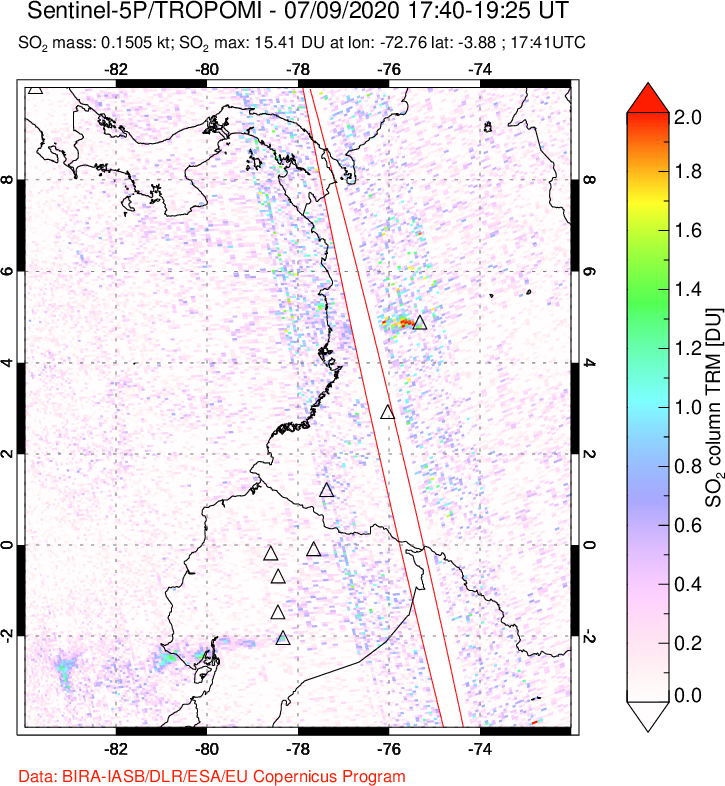 A sulfur dioxide image over Ecuador on Jul 09, 2020.