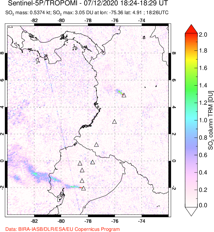 A sulfur dioxide image over Ecuador on Jul 12, 2020.