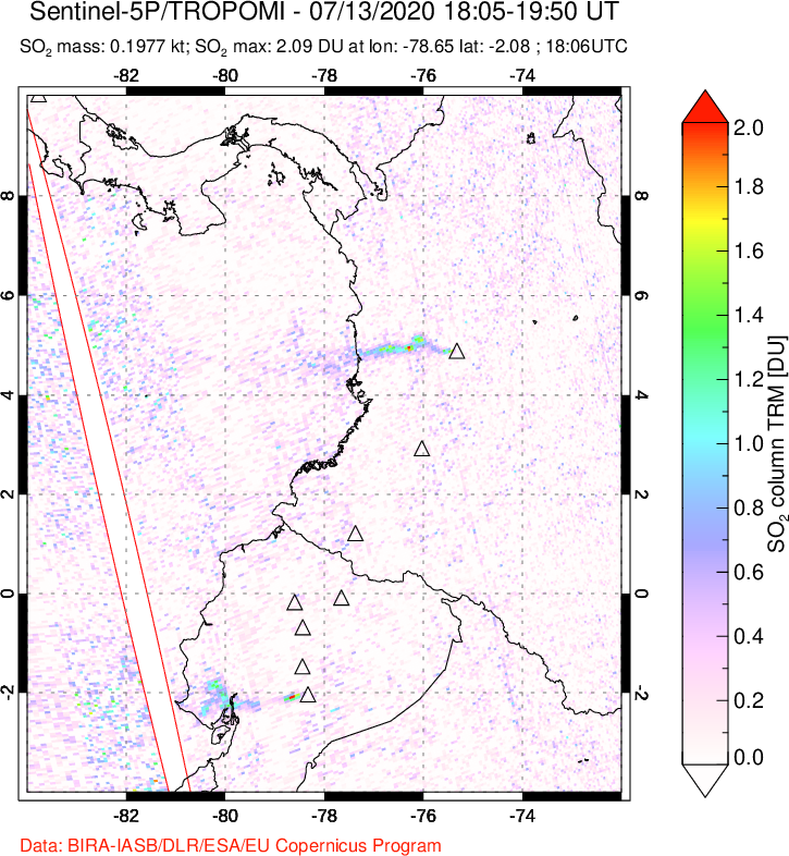 A sulfur dioxide image over Ecuador on Jul 13, 2020.