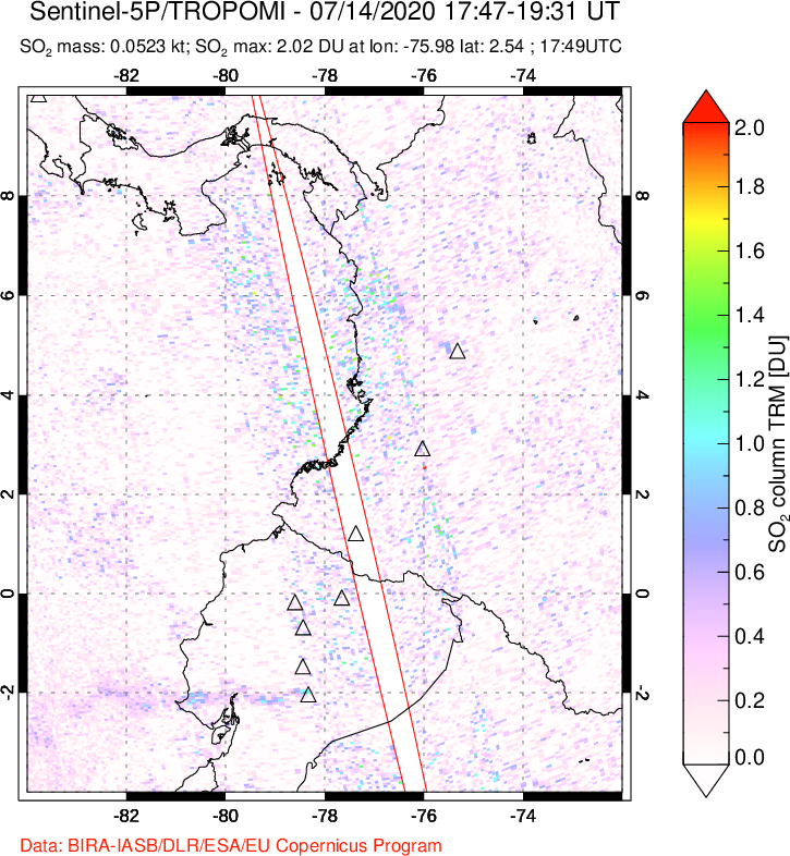 A sulfur dioxide image over Ecuador on Jul 14, 2020.